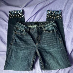 Miss Me Jeans Ankle Skinny with Blue Velvet and Jewels on the bottoms size 27